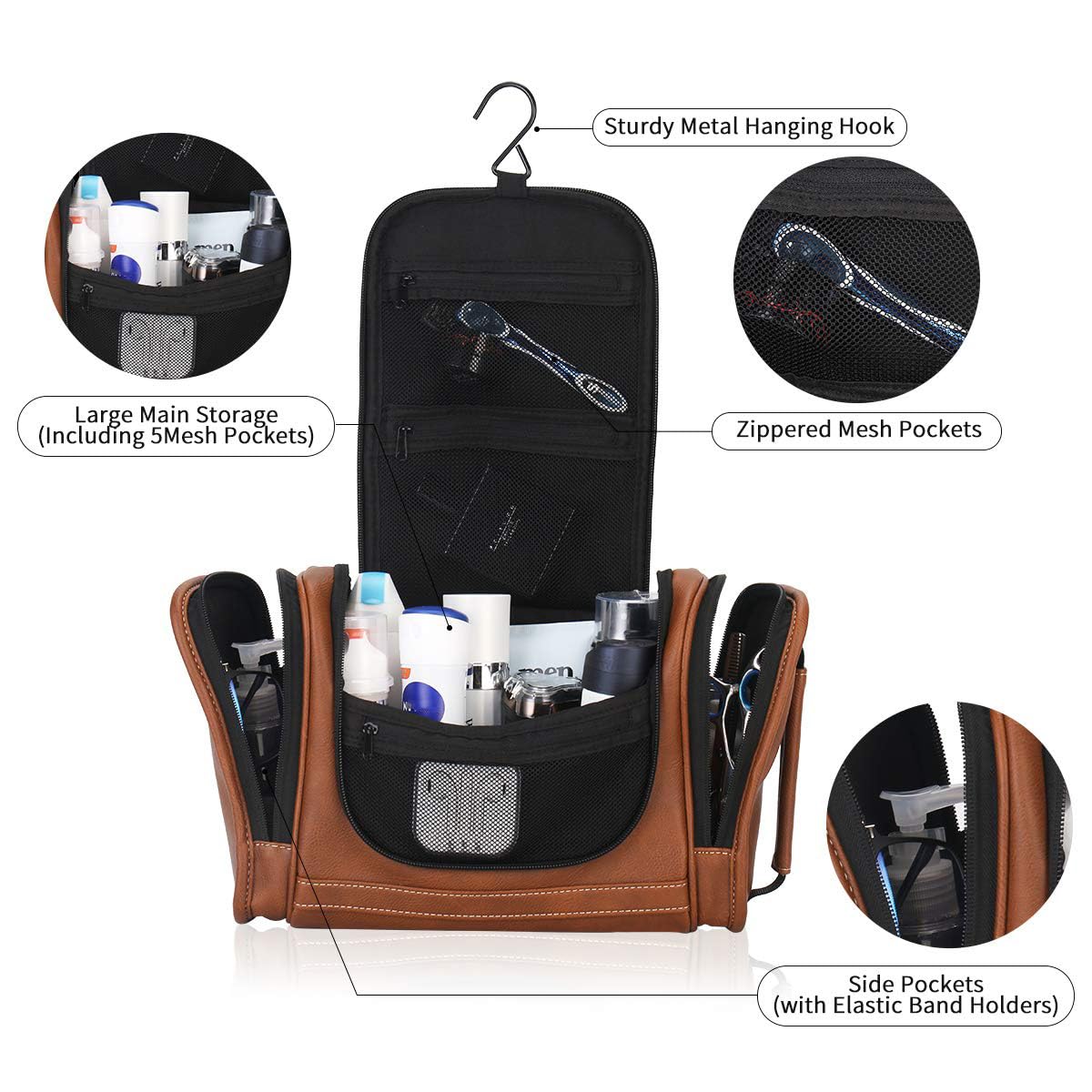 Travel Toiletry Bag, Hanging Toiletry Bag for Men, Leather Travel Shower Bag for Toiletries Dopp Kit Bathroom Bag with Metal Hook, Gift for Men (Brown)