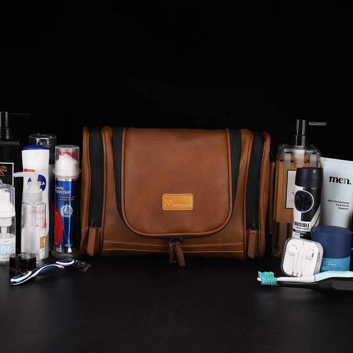 Travel Toiletry Bag, Hanging Toiletry Bag for Men, Leather Travel Shower Bag for Toiletries Dopp Kit Bathroom Bag with Metal Hook, Gift for Men (Brown)