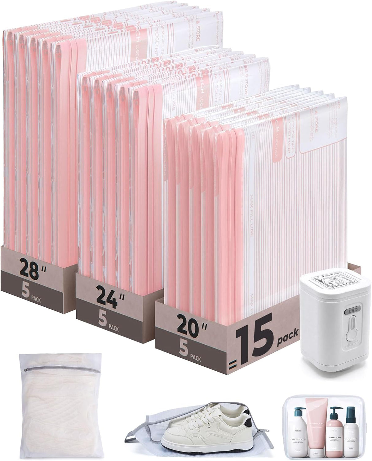 Vacuum Bags for Travel with Rechargeable Air Pump, Portable Space Saver Bags for Travel & Home, Vacuum Compression Seal Bag for Clothing, 18 Pack Pink with Shoe, Laundry & Toiletry Bags