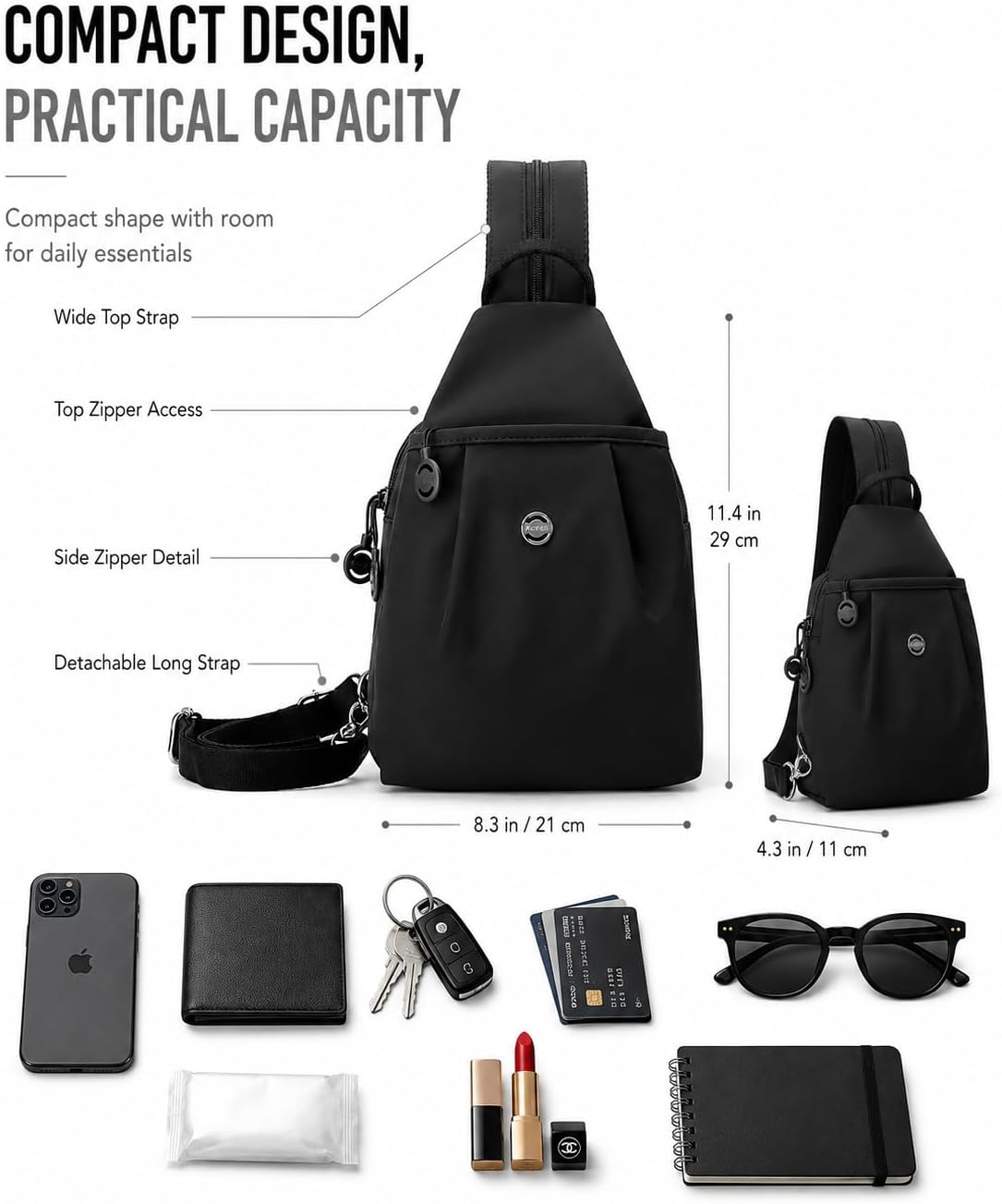 Sling Backpack for Women, Water-Resistant Crossbody Chest Bag for Travel, Work, Gym, Students & Daily Use
