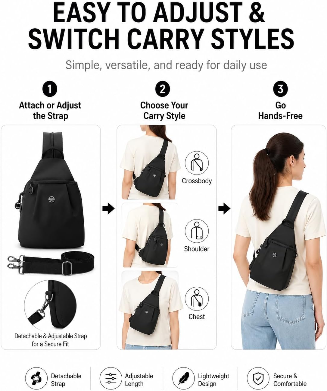 Sling Backpack for Women, Water-Resistant Crossbody Chest Bag for Travel, Work, Gym, Students & Daily Use