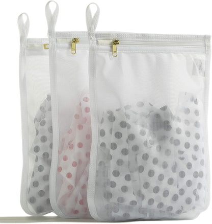 Delicates Laundry Bags, Bra Fine Mesh Wash Bag for Underwear, Lingerie, Bra, Pantyhose, Socks, Use YKK Zipper, Have Hanger Loops, Small Openings (White, 3 Small)