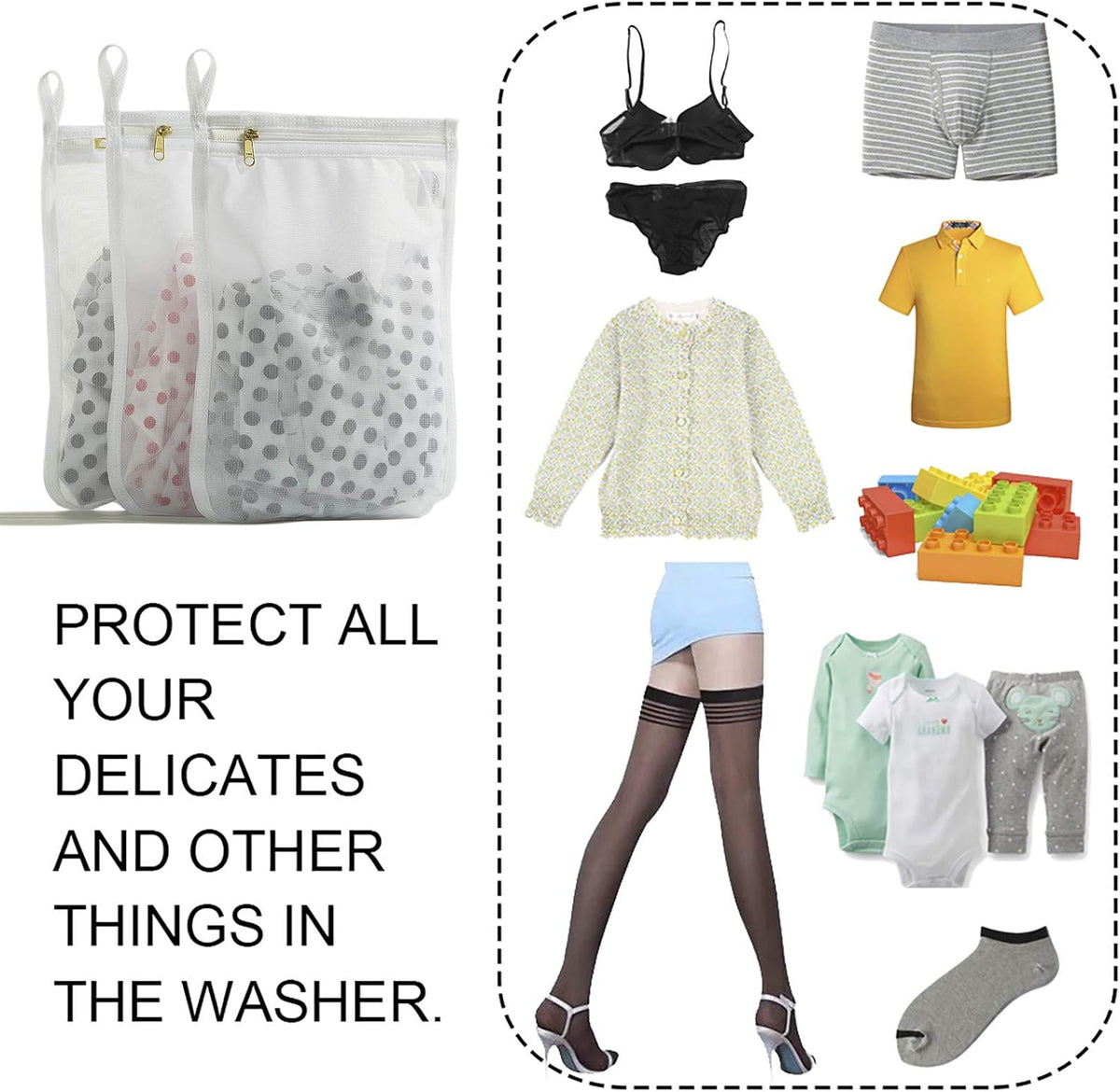 Delicates Laundry Bags, Bra Fine Mesh Wash Bag for Underwear, Lingerie, Bra, Pantyhose, Socks, Use YKK Zipper, Have Hanger Loops, Small Openings (White, 3 Small)