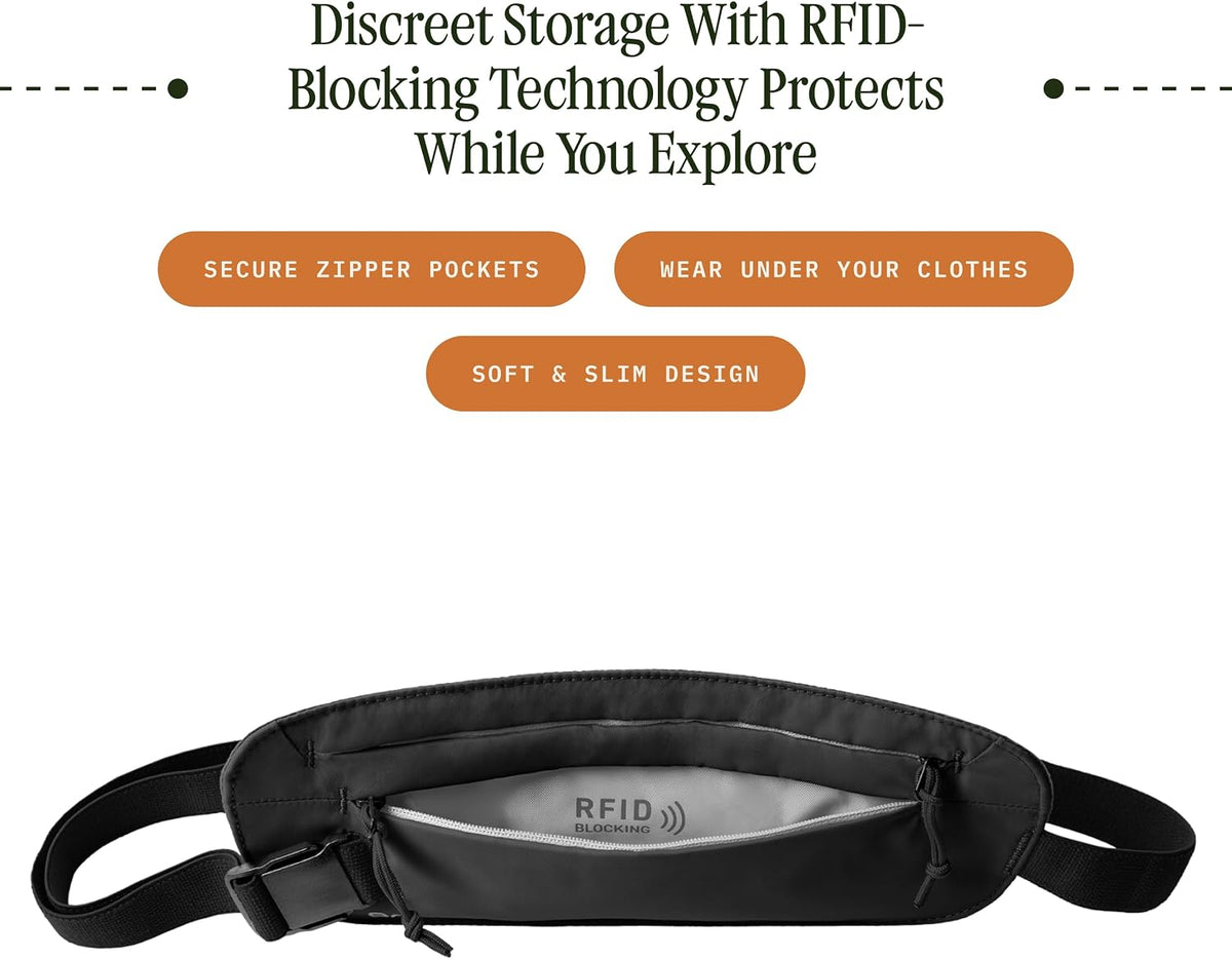 Undercover RFID Money Belt – Slim Travel Waist Pouch with RFID Blocking – Secure Passport, Cards & Cash – Adjustable Strap – Lightweight & Discreet – Storm Grey