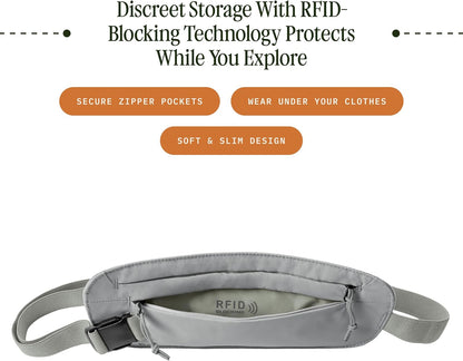 Undercover RFID Money Belt – Slim Travel Waist Pouch with RFID Blocking – Secure Passport, Cards & Cash – Adjustable Strap – Lightweight & Discreet – Storm Grey