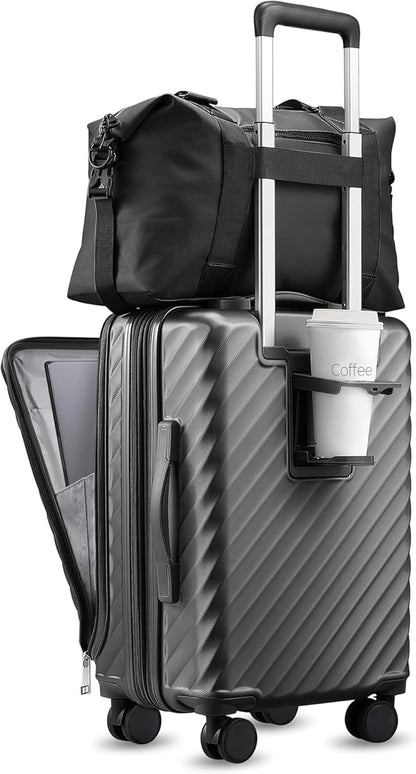 LUGGEX Carry On Luggage with Front Compartment and Cup Holder, KVF Expandable PC Hard Shell Suitcase with Front Pocket (FX-Plus, Gunmetal, 2-Piece (20/Tote))
