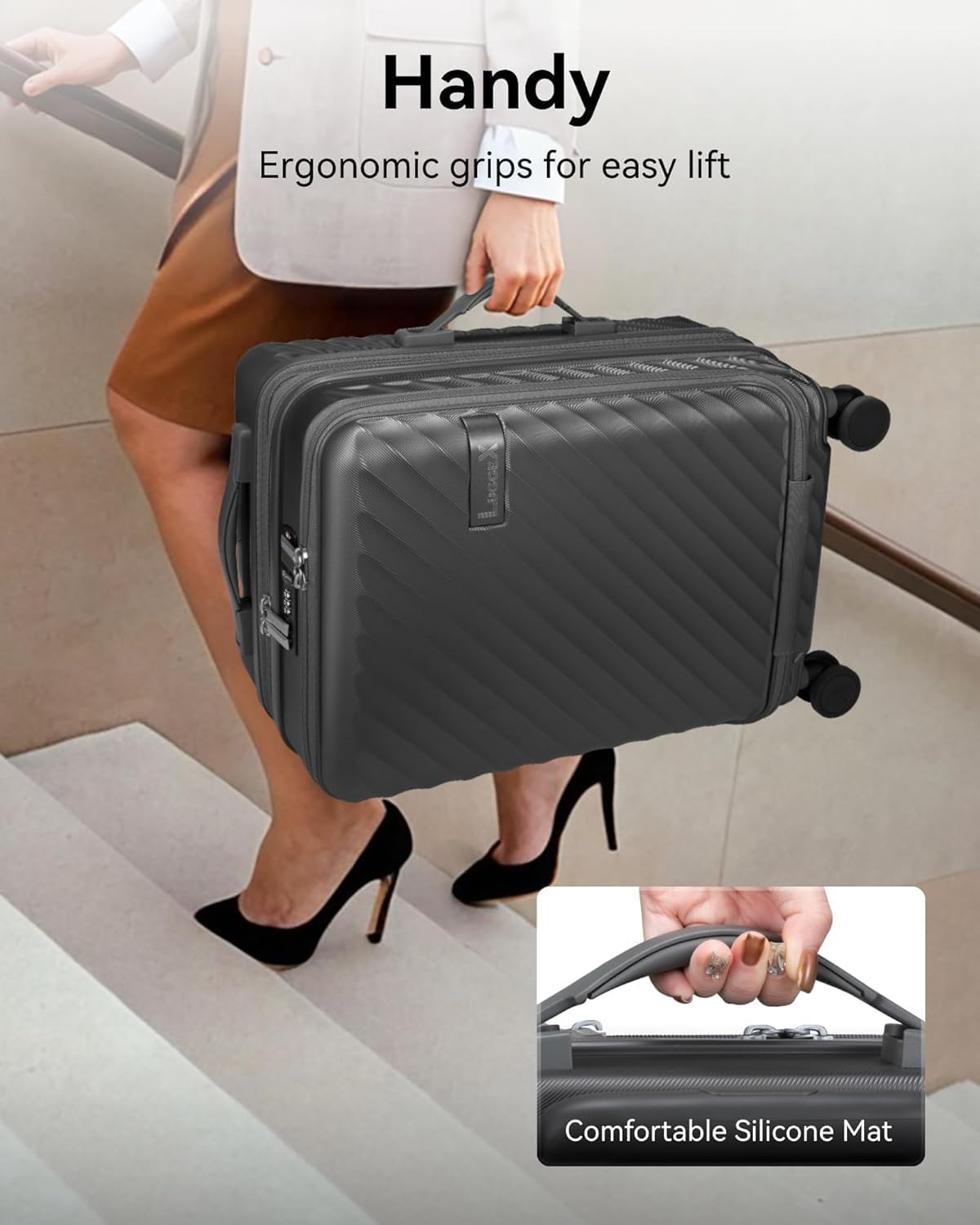 LUGGEX Carry On Luggage with Front Compartment and Cup Holder, KVF Expandable PC Hard Shell Suitcase with Front Pocket (FX-Plus, Gunmetal, 2-Piece (20/Tote))