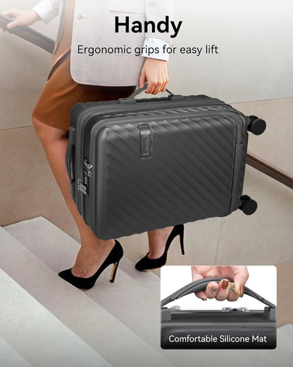 LUGGEX Carry On Luggage with Front Compartment and Cup Holder, KVF Expandable PC Hard Shell Suitcase with Front Pocket (FX-Plus, Gunmetal, 2-Piece (20/Tote))