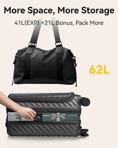 LUGGEX Carry On Luggage with Front Compartment and Cup Holder, KVF Expandable PC Hard Shell Suitcase with Front Pocket (FX-Plus, Gunmetal, 2-Piece (20/Tote))