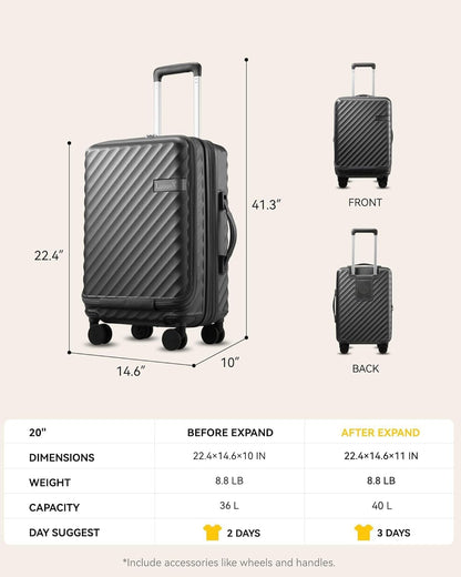 LUGGEX Carry On Luggage with Front Compartment and Cup Holder, KVF Expandable PC Hard Shell Suitcase with Front Pocket (FX-Plus, Gunmetal, 2-Piece (20/Tote))