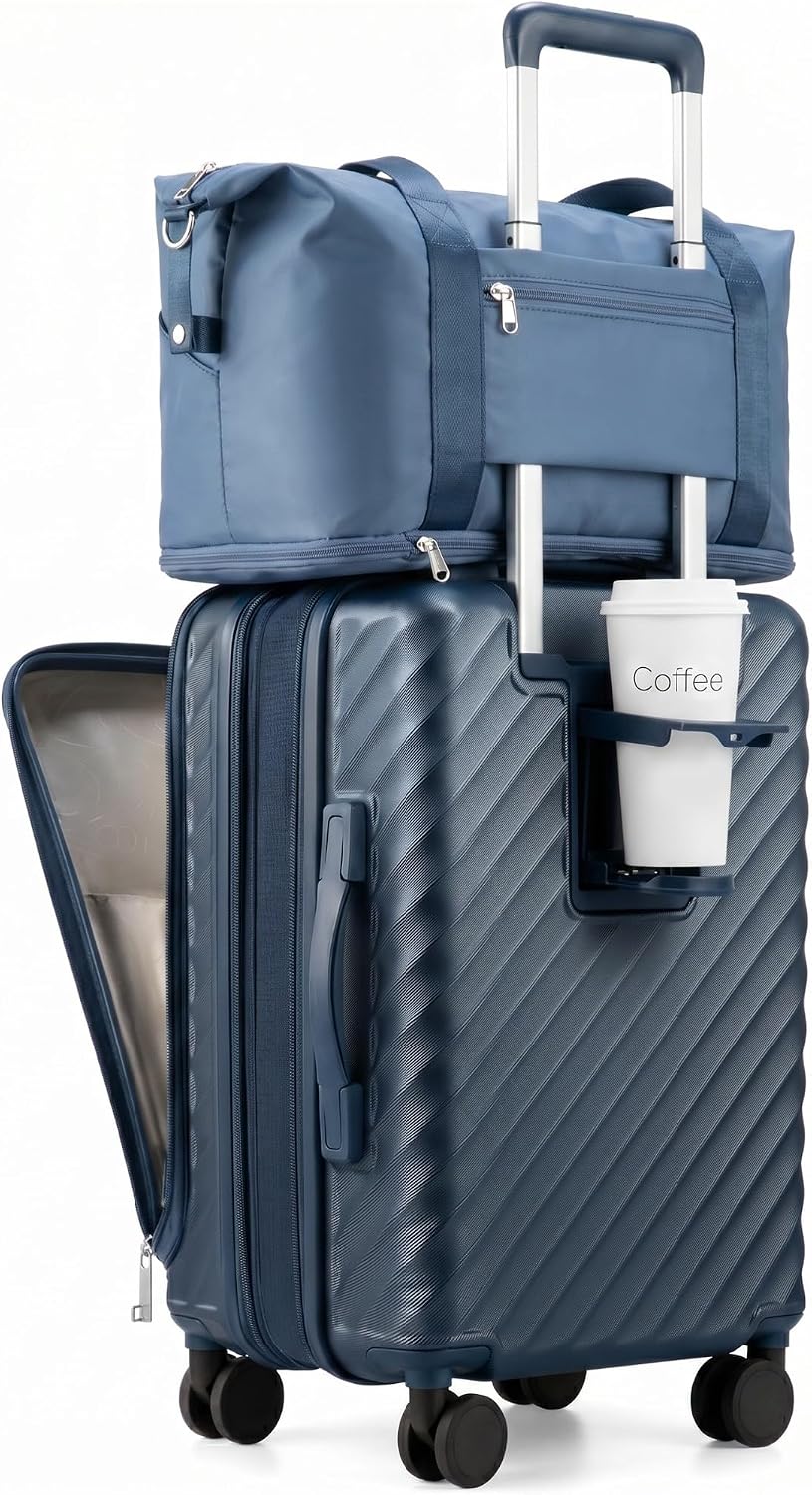 LUGGEX Carry On Luggage with Front Compartment and Cup Holder, KVF Expandable PC Hard Shell Suitcase with Front Pocket (FX-Plus, Gunmetal, 2-Piece (20/Tote))