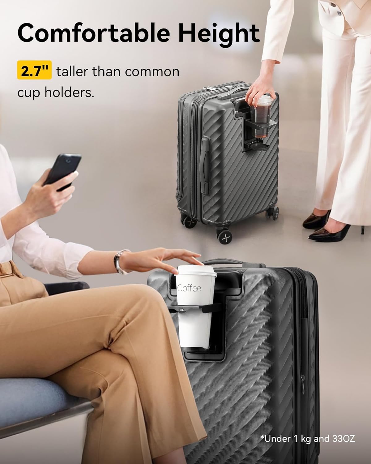 LUGGEX Carry On Luggage with Front Compartment and Cup Holder, KVF Expandable PC Hard Shell Suitcase with Front Pocket (FX-Plus, Gunmetal, 2-Piece (20/Tote))