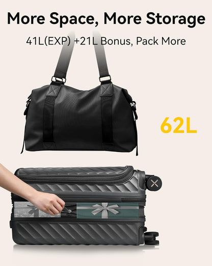 LUGGEX Carry On Luggage with Front Compartment and Cup Holder, KVF Expandable PC Hard Shell Suitcase with Front Pocket (FX-Plus, Gunmetal, 2-Piece (20/Tote))