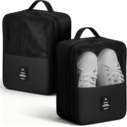 2 PCS Shoes Bags for Travel, Holds 2 Pair of Slippers and 1 Pair of Sneaker | Shoe Packing Cubes for Men Size Below 12 Waterproof for Toiletries Visible Travel Luggage with Trolley Sleeve-Black