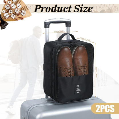 2 PCS Shoes Bags for Travel, Holds 2 Pair of Slippers and 1 Pair of Sneaker | Shoe Packing Cubes for Men Size Below 12 Waterproof for Toiletries Visible Travel Luggage with Trolley Sleeve-Black