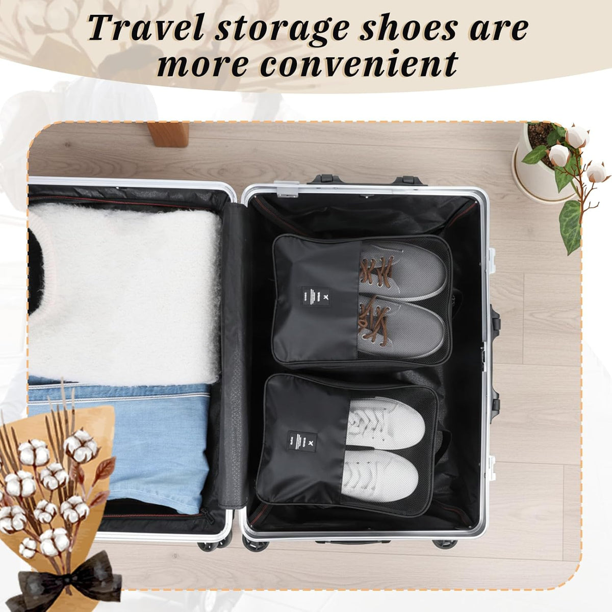 2 PCS Shoes Bags for Travel, Holds 2 Pair of Slippers and 1 Pair of Sneaker | Shoe Packing Cubes for Men Size Below 12 Waterproof for Toiletries Visible Travel Luggage with Trolley Sleeve-Black