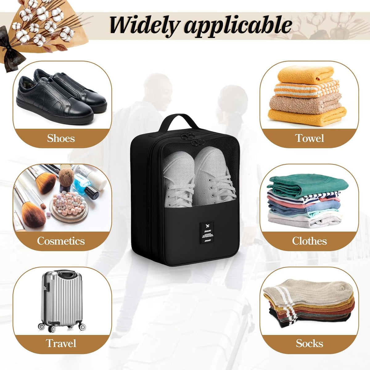 2 PCS Shoes Bags for Travel, Holds 2 Pair of Slippers and 1 Pair of Sneaker | Shoe Packing Cubes for Men Size Below 12 Waterproof for Toiletries Visible Travel Luggage with Trolley Sleeve-Black
