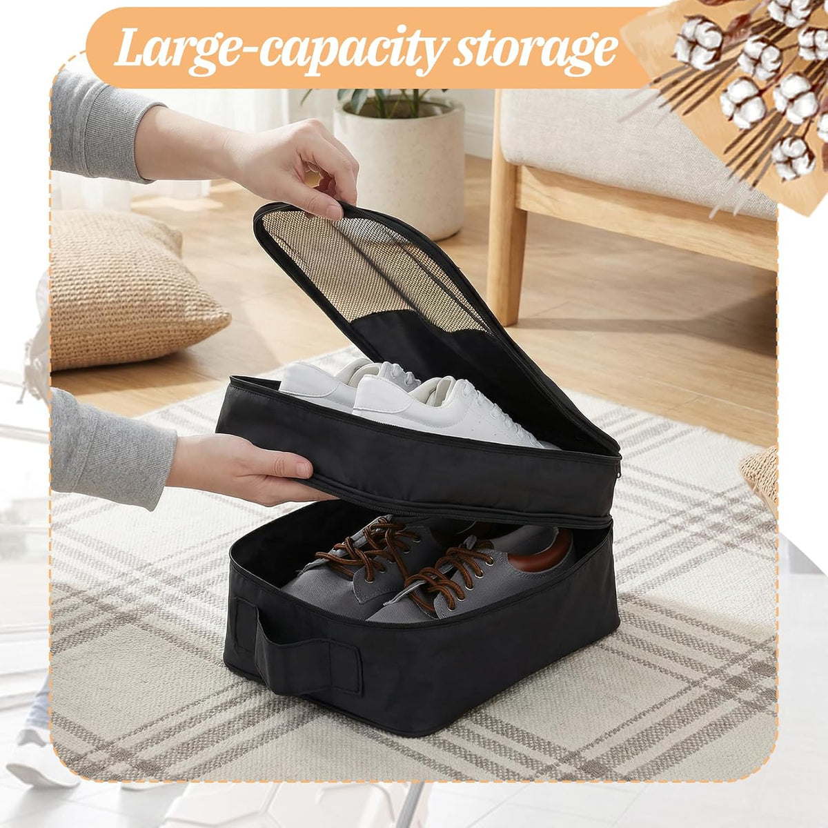 2 PCS Shoes Bags for Travel, Holds 2 Pair of Slippers and 1 Pair of Sneaker | Shoe Packing Cubes for Men Size Below 12 Waterproof for Toiletries Visible Travel Luggage with Trolley Sleeve-Black