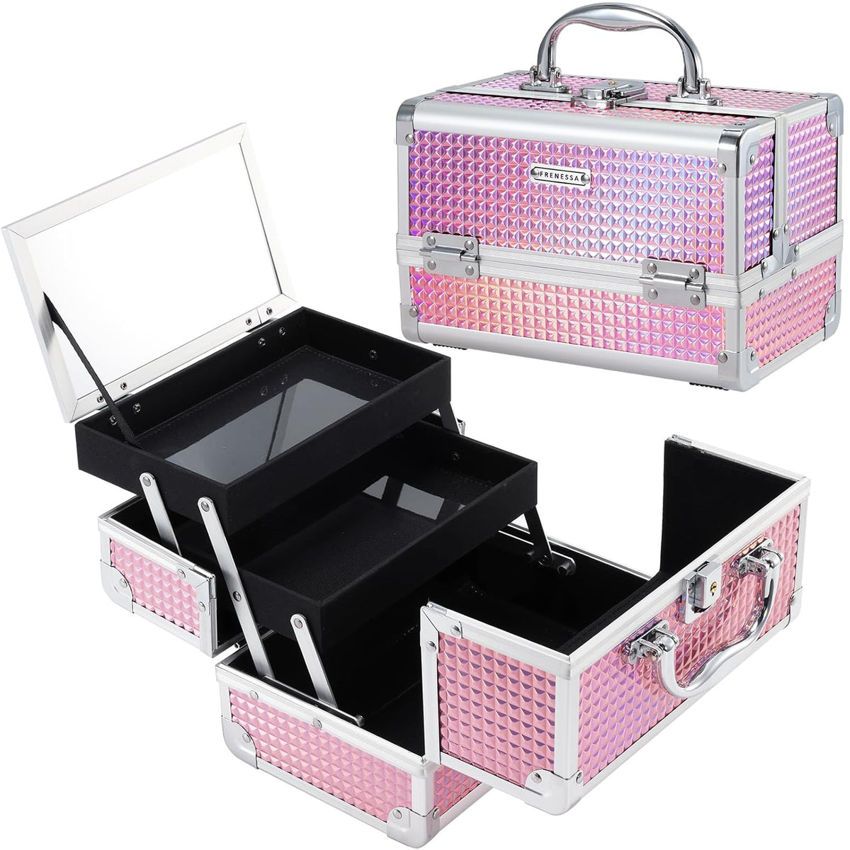 Makeup Case Portable Makeup Box Organizer Travel Cosmetic Case Storage with Mirror Locking Make Up Cases Organizers and Storage for Girls Nail Supplies Cosmetology Case Vanity Case Blue