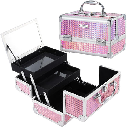 Makeup Case Portable Makeup Box Organizer Travel Cosmetic Case Storage with Mirror Locking Make Up Cases Organizers and Storage for Girls Nail Supplies Cosmetology Case Vanity Case Blue