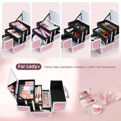 Makeup Case Portable Makeup Box Organizer Travel Cosmetic Case Storage with Mirror Locking Make Up Cases Organizers and Storage for Girls Nail Supplies Cosmetology Case Vanity Case Blue