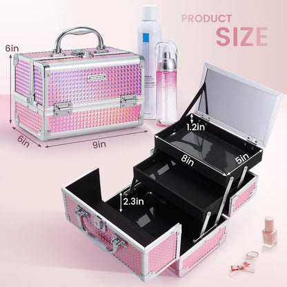 Makeup Case Portable Makeup Box Organizer Travel Cosmetic Case Storage with Mirror Locking Make Up Cases Organizers and Storage for Girls Nail Supplies Cosmetology Case Vanity Case Blue