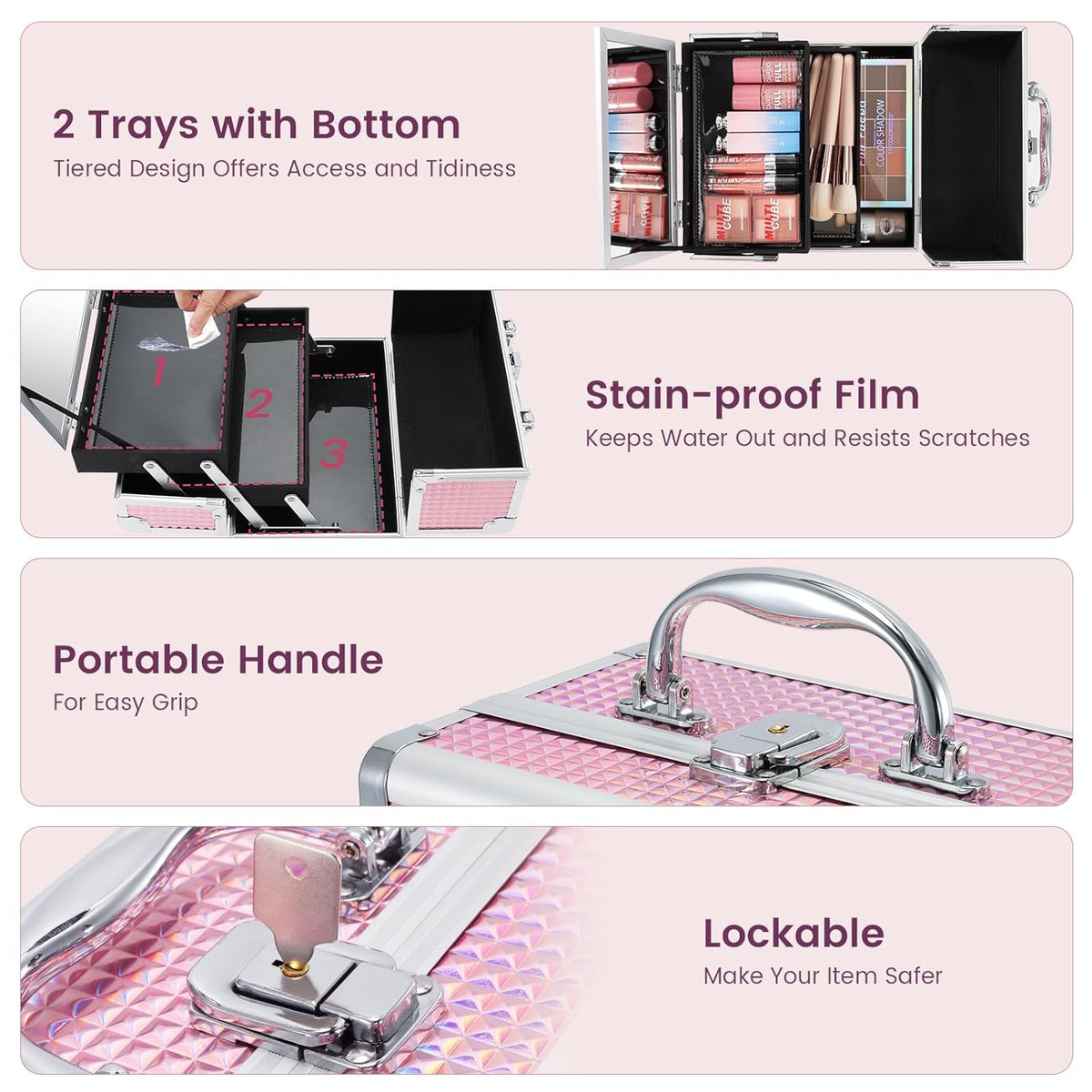 Makeup Case Portable Makeup Box Organizer Travel Cosmetic Case Storage with Mirror Locking Make Up Cases Organizers and Storage for Girls Nail Supplies Cosmetology Case Vanity Case Blue