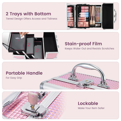 Makeup Case Portable Makeup Box Organizer Travel Cosmetic Case Storage with Mirror Locking Make Up Cases Organizers and Storage for Girls Nail Supplies Cosmetology Case Vanity Case Blue