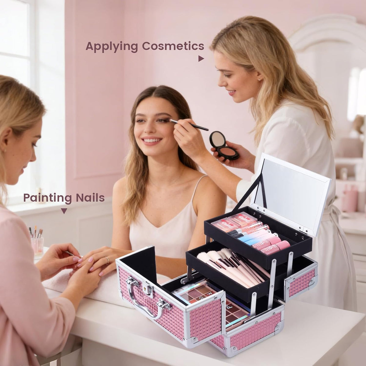 Makeup Case Portable Makeup Box Organizer Travel Cosmetic Case Storage with Mirror Locking Make Up Cases Organizers and Storage for Girls Nail Supplies Cosmetology Case Vanity Case Blue