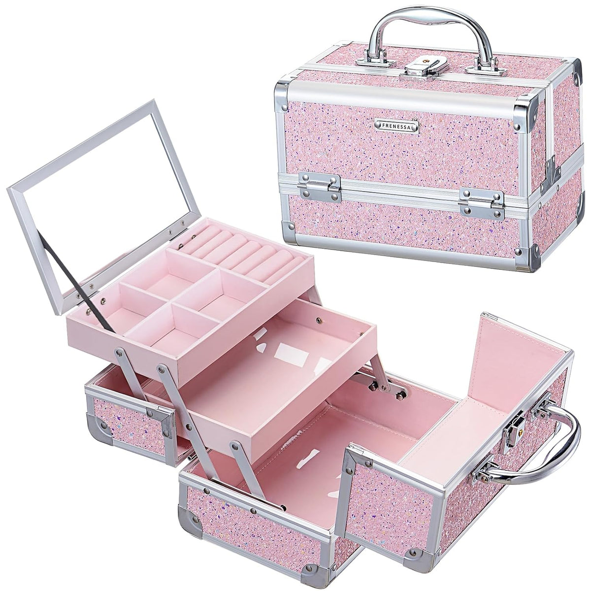 Makeup Case Portable Makeup Box Organizer Travel Cosmetic Case Storage with Mirror Locking Make Up Cases Organizers and Storage for Girls Nail Supplies Cosmetology Case Vanity Case Blue