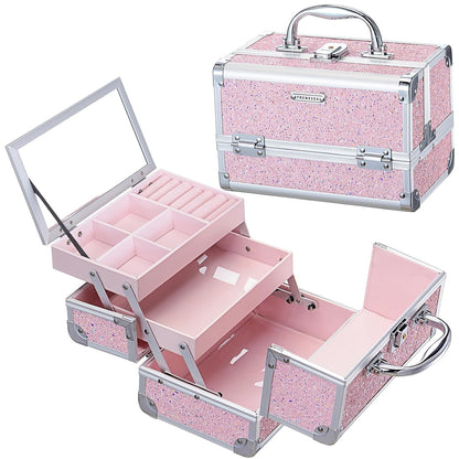 Makeup Case Portable Makeup Box Organizer Travel Cosmetic Case Storage with Mirror Locking Make Up Cases Organizers and Storage for Girls Nail Supplies Cosmetology Case Vanity Case Blue