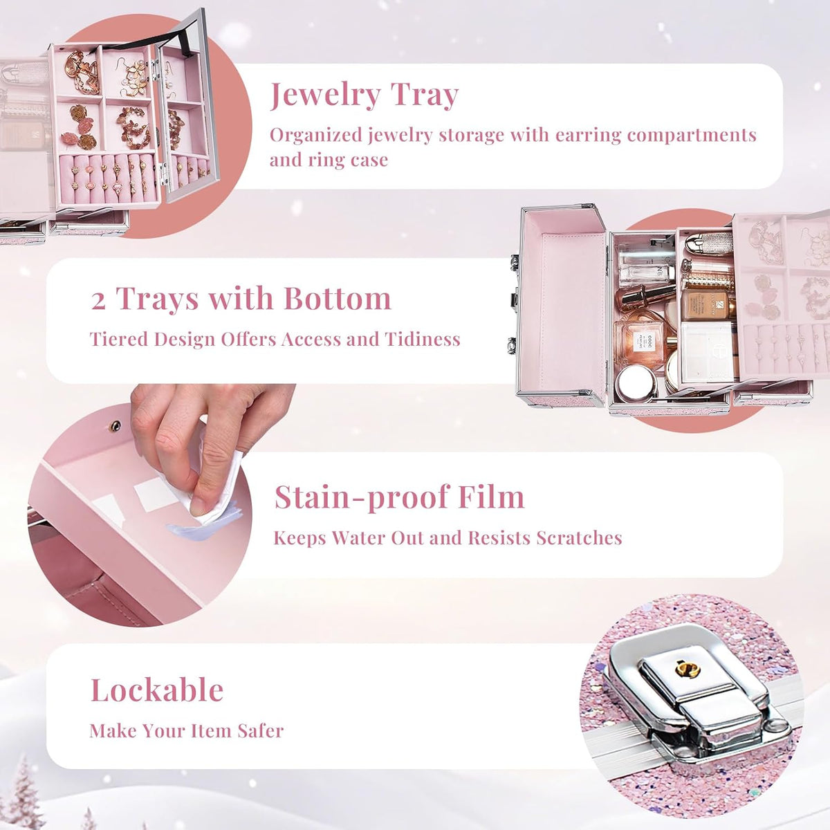 Makeup Case Portable Makeup Box Organizer Travel Cosmetic Case Storage with Mirror Locking Make Up Cases Organizers and Storage for Girls Nail Supplies Cosmetology Case Vanity Case Blue
