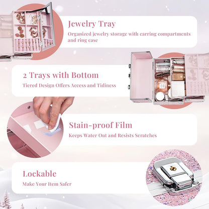 Makeup Case Portable Makeup Box Organizer Travel Cosmetic Case Storage with Mirror Locking Make Up Cases Organizers and Storage for Girls Nail Supplies Cosmetology Case Vanity Case Blue
