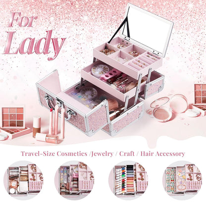 Makeup Case Portable Makeup Box Organizer Travel Cosmetic Case Storage with Mirror Locking Make Up Cases Organizers and Storage for Girls Nail Supplies Cosmetology Case Vanity Case Blue