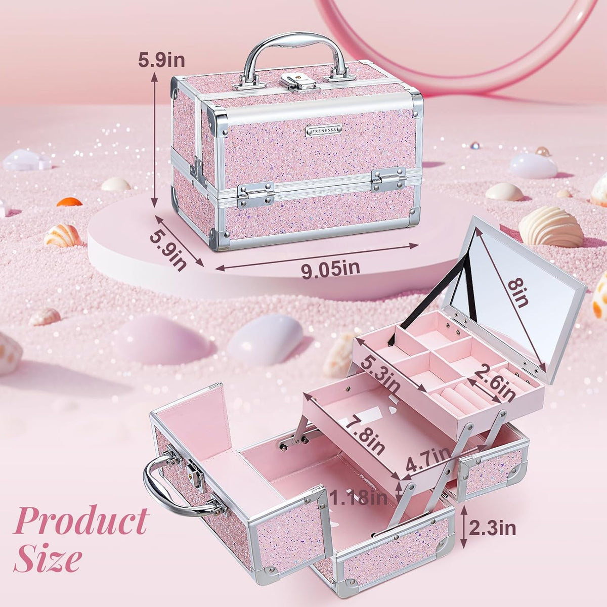Makeup Case Portable Makeup Box Organizer Travel Cosmetic Case Storage with Mirror Locking Make Up Cases Organizers and Storage for Girls Nail Supplies Cosmetology Case Vanity Case Blue