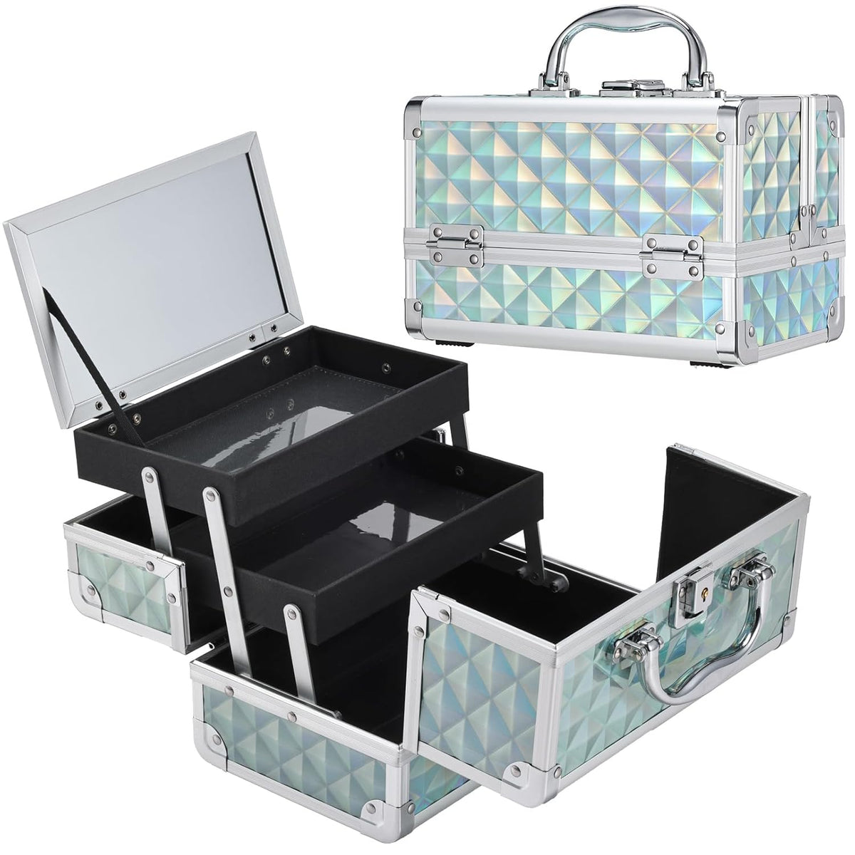 Makeup Case Portable Makeup Box Organizer Travel Cosmetic Case Storage with Mirror Locking Make Up Cases Organizers and Storage for Girls Nail Supplies Cosmetology Case Vanity Case Blue