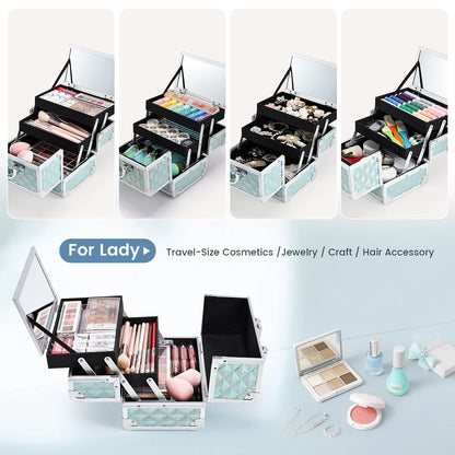Makeup Case Portable Makeup Box Organizer Travel Cosmetic Case Storage with Mirror Locking Make Up Cases Organizers and Storage for Girls Nail Supplies Cosmetology Case Vanity Case Blue