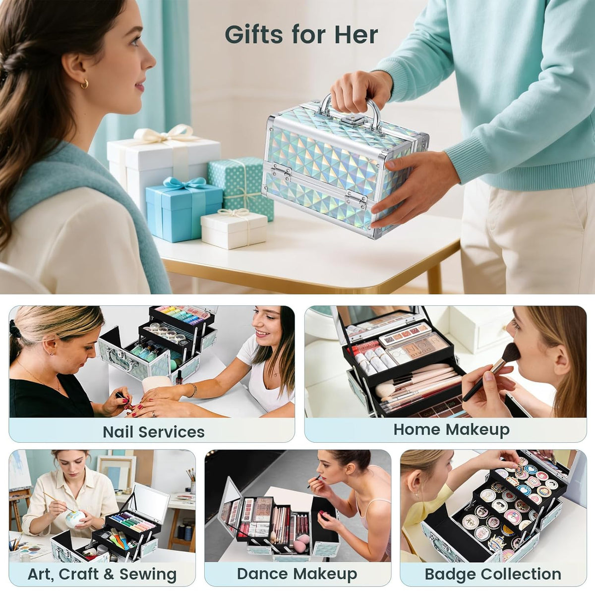 Makeup Case Portable Makeup Box Organizer Travel Cosmetic Case Storage with Mirror Locking Make Up Cases Organizers and Storage for Girls Nail Supplies Cosmetology Case Vanity Case Blue