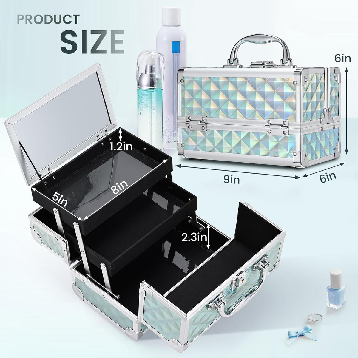 Makeup Case Portable Makeup Box Organizer Travel Cosmetic Case Storage with Mirror Locking Make Up Cases Organizers and Storage for Girls Nail Supplies Cosmetology Case Vanity Case Blue