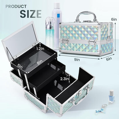 Makeup Case Portable Makeup Box Organizer Travel Cosmetic Case Storage with Mirror Locking Make Up Cases Organizers and Storage for Girls Nail Supplies Cosmetology Case Vanity Case Blue