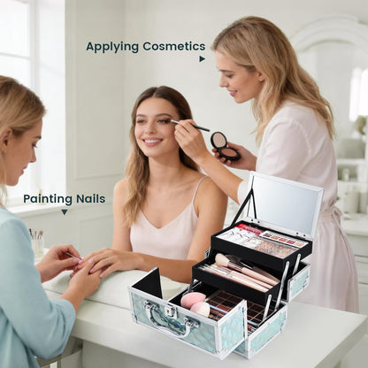 Makeup Case Portable Makeup Box Organizer Travel Cosmetic Case Storage with Mirror Locking Make Up Cases Organizers and Storage for Girls Nail Supplies Cosmetology Case Vanity Case Blue