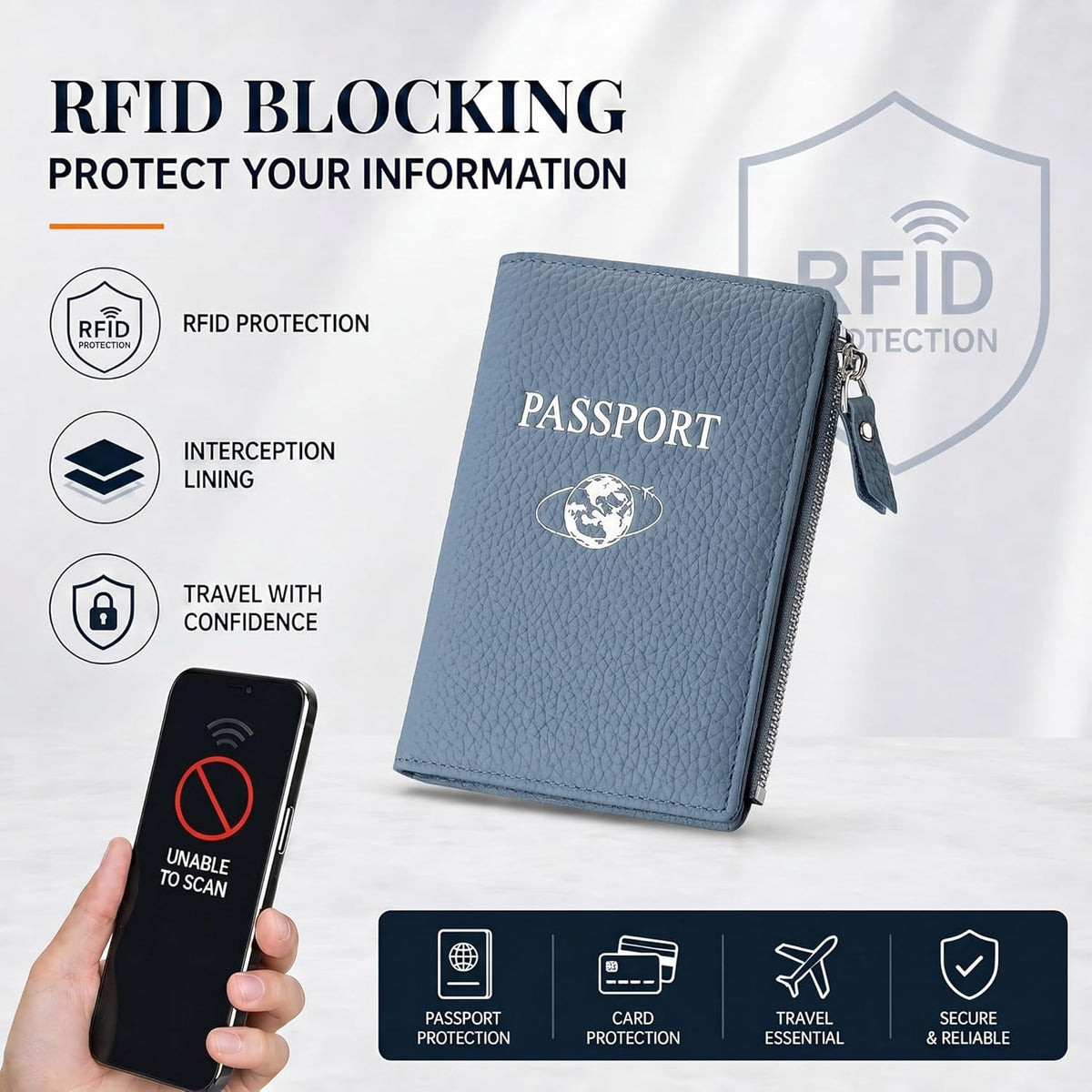 Passport Holder for Travel, RFID Blocking Genuine Leather Passport Wallet with Card Slots and Zipper Pocket for Men & Women, Secure Document Protector for Family Vacation