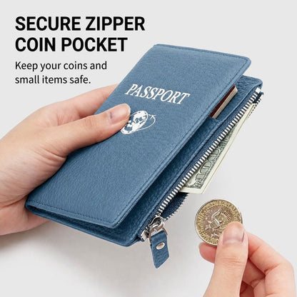 Passport Holder for Travel, RFID Blocking Genuine Leather Passport Wallet with Card Slots and Zipper Pocket for Men & Women, Secure Document Protector for Family Vacation