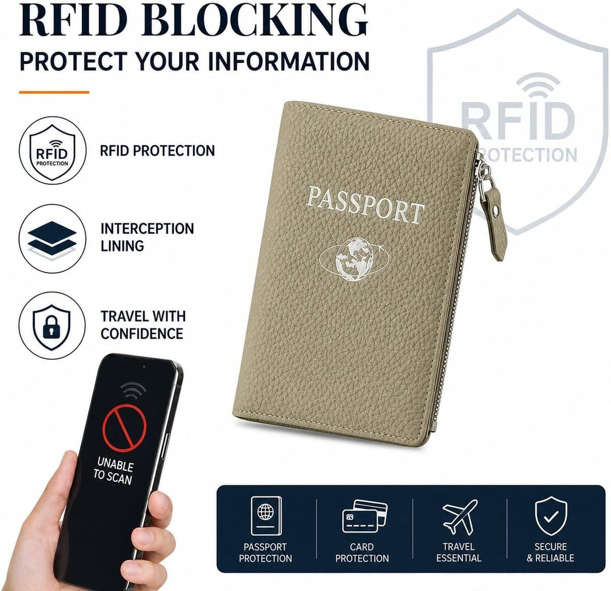 Passport Holder for Travel, RFID Blocking Genuine Leather Passport Wallet with Card Slots and Zipper Pocket for Men & Women, Secure Document Protector for Family Vacation