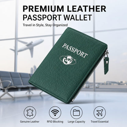 Passport Holder for Travel, RFID Blocking Genuine Leather Passport Wallet with Card Slots and Zipper Pocket for Men & Women, Secure Document Protector for Family Vacation