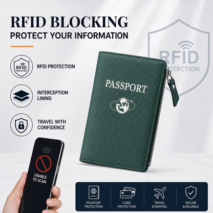Passport Holder for Travel, RFID Blocking Genuine Leather Passport Wallet with Card Slots and Zipper Pocket for Men & Women, Secure Document Protector for Family Vacation