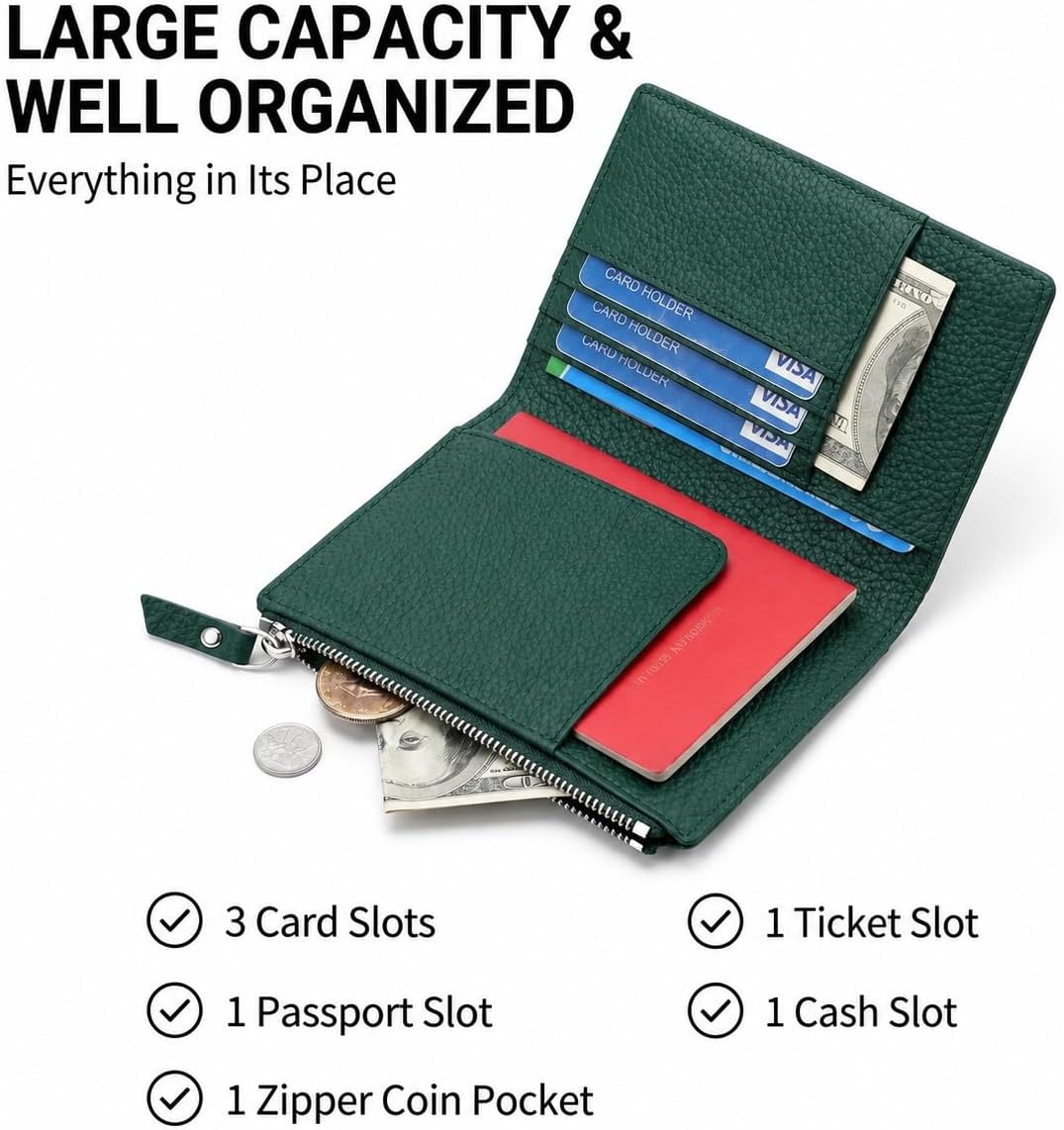 Passport Holder for Travel, RFID Blocking Genuine Leather Passport Wallet with Card Slots and Zipper Pocket for Men & Women, Secure Document Protector for Family Vacation