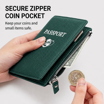 Passport Holder for Travel, RFID Blocking Genuine Leather Passport Wallet with Card Slots and Zipper Pocket for Men & Women, Secure Document Protector for Family Vacation