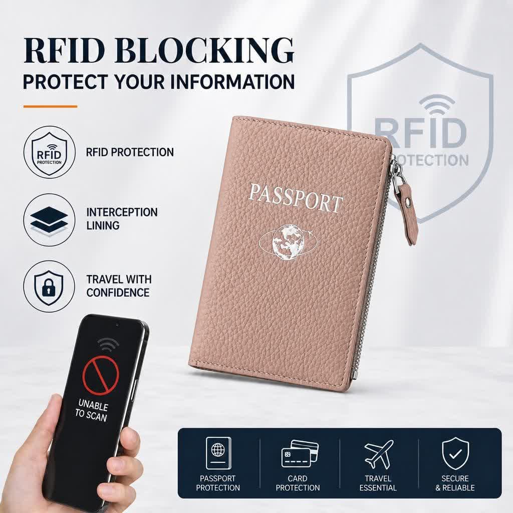 Passport Holder for Travel, RFID Blocking Genuine Leather Passport Wallet with Card Slots and Zipper Pocket for Men & Women, Secure Document Protector for Family Vacation