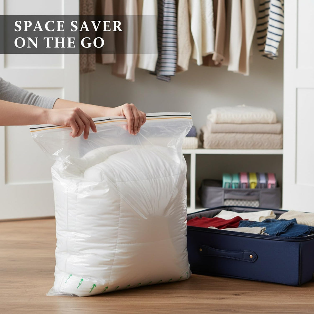 Manual Roll-Up Vacuum Storage Bag for Clothes & Bedding - Space Saver for Travel, Closet & Drawer Organization (1 Pack, Transparent)